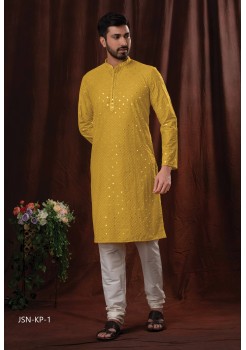 Yellow Poly Cotton With Mirror Embroidery Kurtas Set 